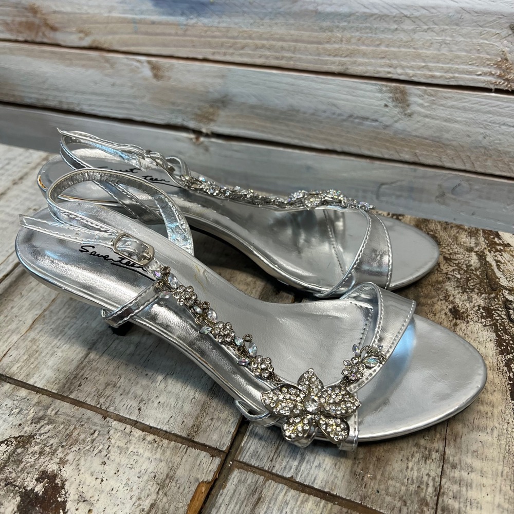 Vintage‎ Silver Rhinestone Floral Slingback Kitten Formal Heels Sandals Y2K 5.5